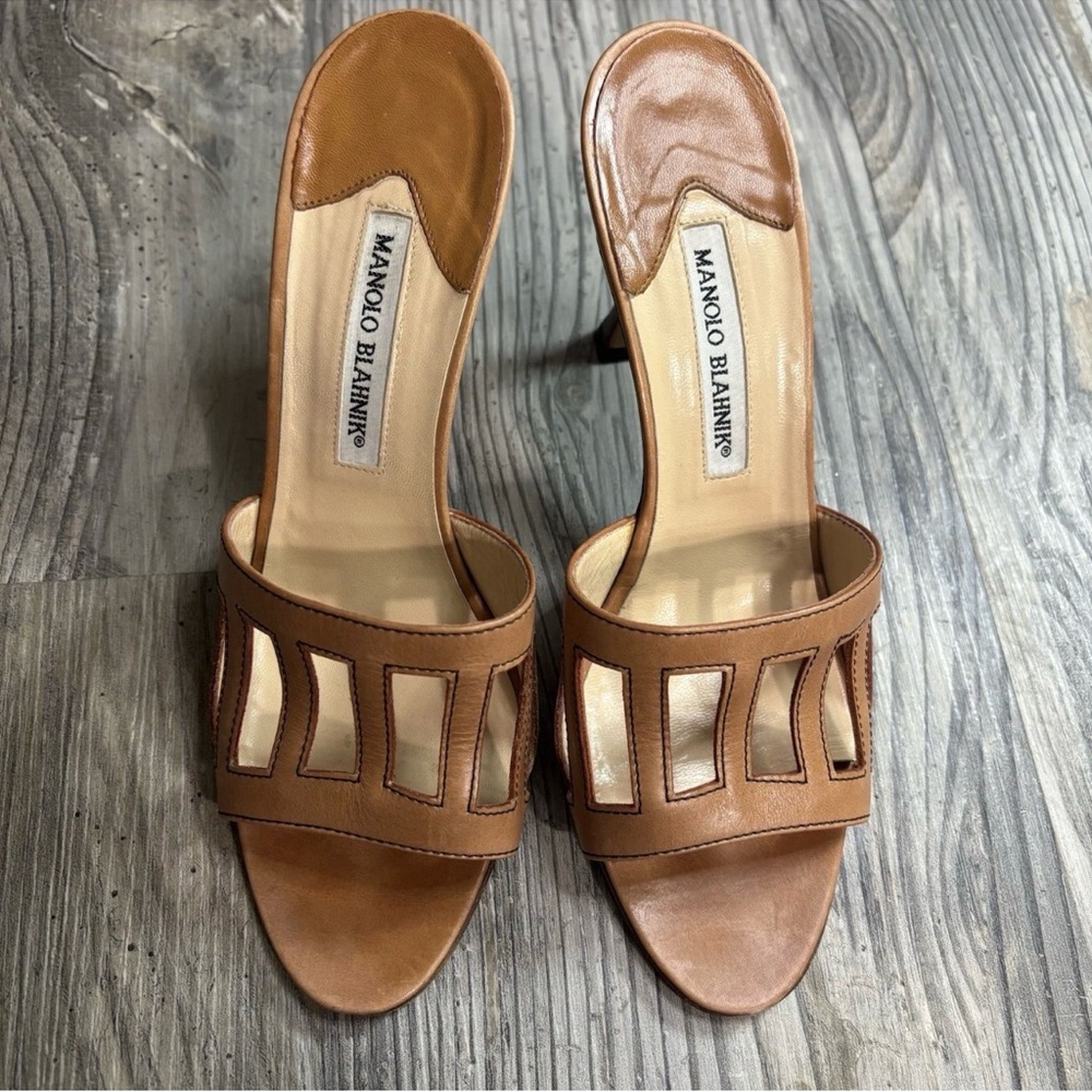 Manolo Blahnik Tan Open-Toe Heels
